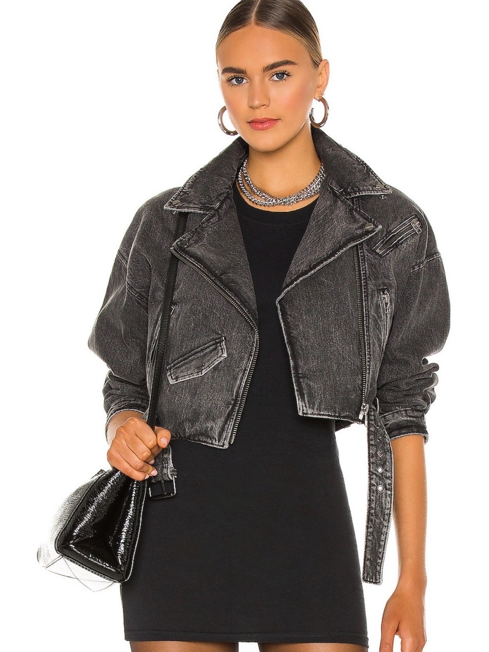 Lamarque Acid Wash Black Cropped Moto Jacket